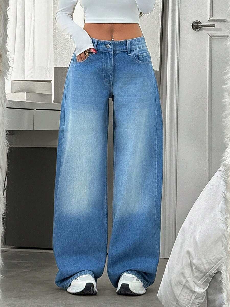 EURMUSE Casual Distressed Minimalist Wide Leg Jeans - Medium Wash - View 1