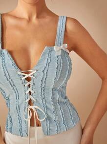 L'Amorae Textured Knit Bow Trim Lace Up Split Hem Top