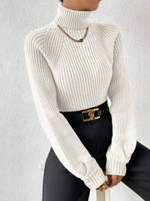 SHEIN Jersey de cuello alto de manga raglán con punto acanalado, parte superior de manga larga de punto, jersey de punto para otoño e invierno - Blanco - Ver 3