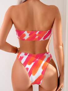 Fashionable Watercolor Print Bandeau Bikini Set For Women, Summer - Multicolor - View 2
