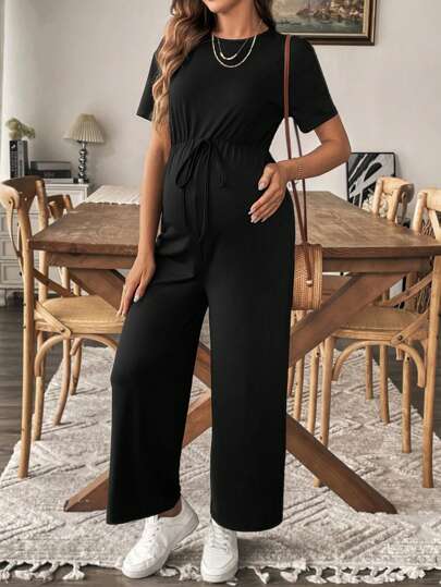 SHEIN 孕妇休闲纯色短袖连体裤