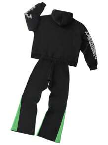 ROMWE MEN Street Life Conjunto de chándal para hombre (Sudadera suelta corta + Pantalones de chándal acampanados)