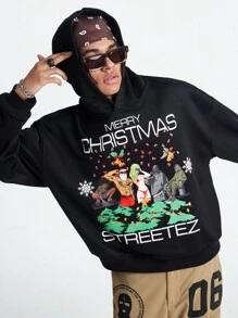 Manfinity NXTstreet Men's Christmas Slogan Graphic Printed Casual Long Sleeve Hooded Sweatshirt, Autumn/Winter Black Hoodie, For Friends, Husband, Boyfriend Gifts - Black - View 2