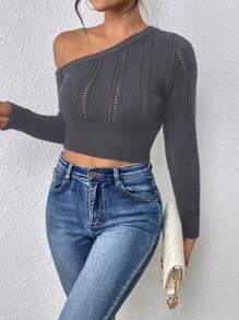 Chiquease 女士纯色不对称领长袖休闲日常针织套头衫秋冬毛衣 - 深灰色 - 查看 4