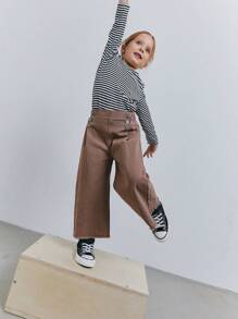 年轻女孩休闲百搭日常百搭纽扣前部细节松紧腰部原始下摆阔腿牛仔裤 - 卡其色 - 查看 4