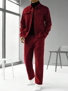 Manfinity Homme 2pcs Men's Solid Color Front Button Shirt With Pocket And Casual Pants Set, Fall Clothes, Cozy Outfits - Burgundy - View 4