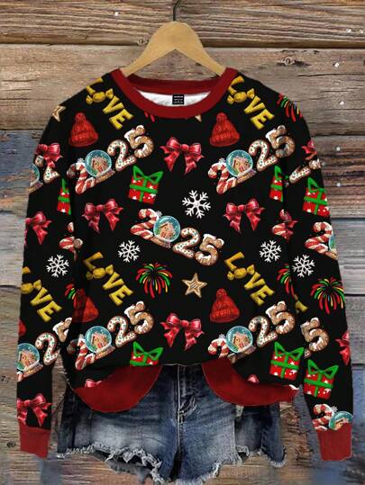 EMERY ROSE Casual Minimalist All-Over New Year Print Plus Size Women Sweatshirt, Autumn/Winter