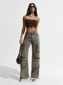 SHEIN ICON Jeans rectos holgados y casuales de mujer, estilo grunge desgastado y desgarrado - Gris - Ver 4