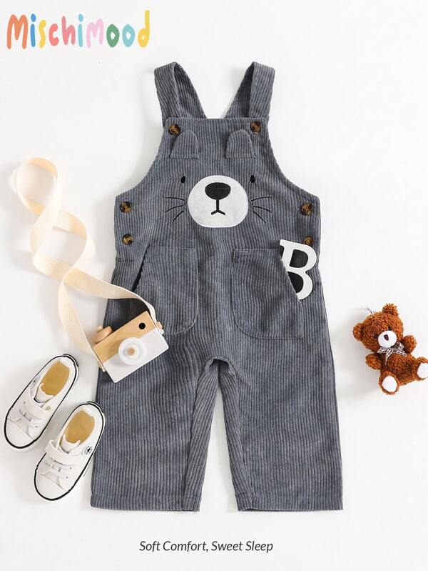 Infant & Baby Girl Blue Cute Corduroy Teddy Bear Embroidered Bib Jumpsuit