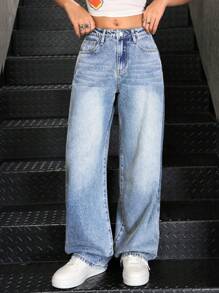 SHEIN 少女 Y2K 时尚纯色复古水洗宽松直筒牛仔裤，秋季服装返校街头服饰 - 淺色水洗藍 - 查看 6