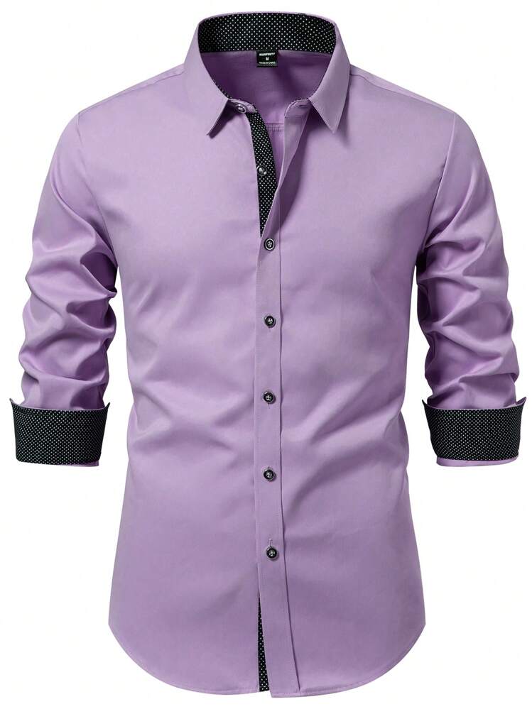 Calvornis 男士拼布前扣休闲长袖衬衫，秋季 - 淡紫色 - 查看 1