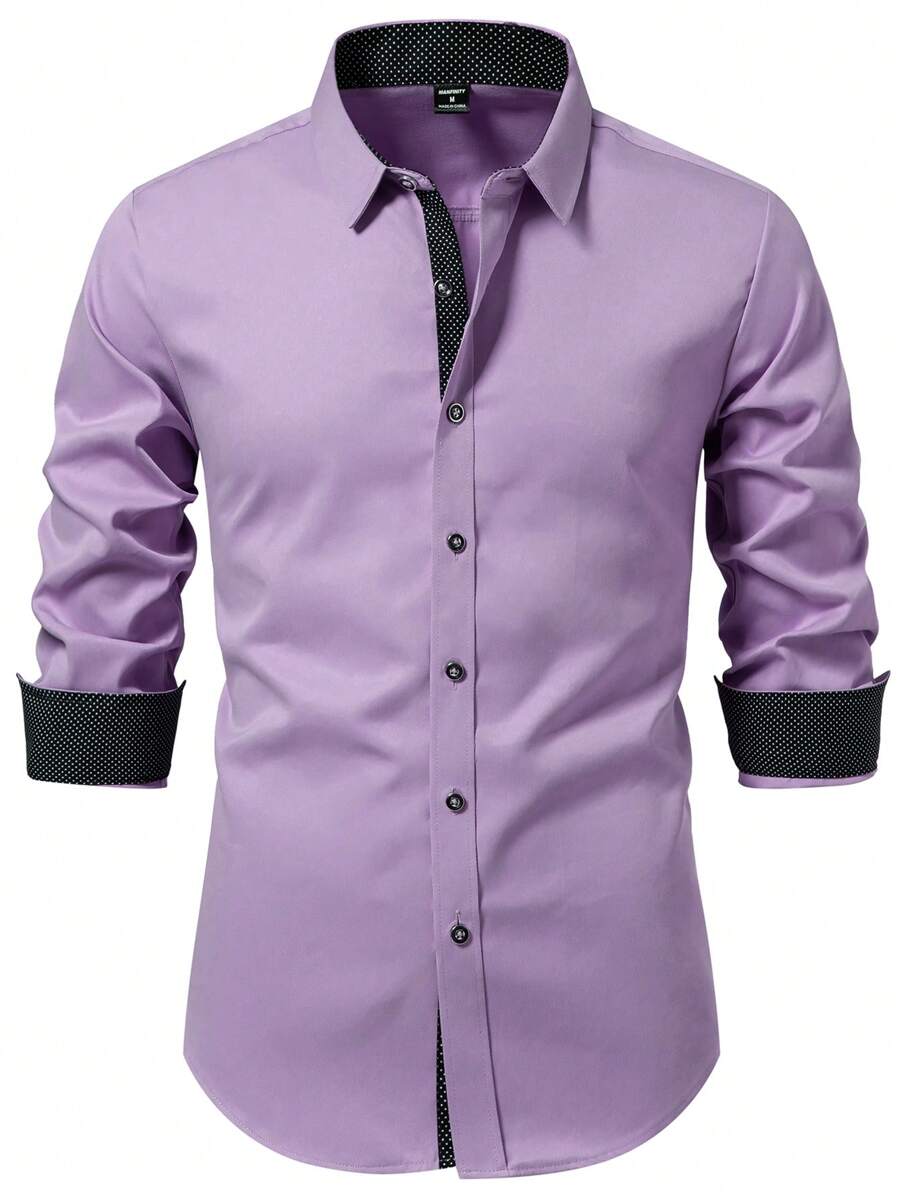 Calvornis 男士拼布前扣休闲长袖衬衫，秋季 - 淡紫色 - 查看 1