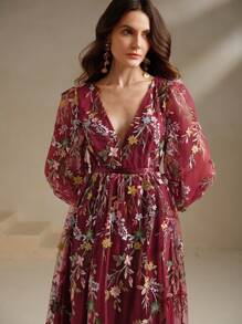 Anewsta V-Neck Puff Sleeve Mesh Embroidered Elegant French Style Dress Burgundy Maxi Women Outfit - Burgundy - View 1