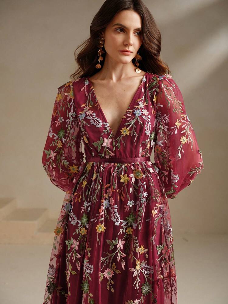 Abito donna stile francese elegante, maxi, color borgogna, con scollo a V, maniche a sbuffo in maglia ricamata