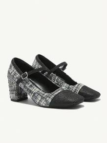 CUCCOO CHICEST 方头带扣粗花呢 7 厘米高跟玛丽珍鞋，法式别致优雅春季鞋春假复活节 - 黑色 - 查看 9