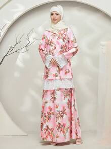 Graceveil Baju Kurung Lace Patchwork Long Sleeve Casual Long Cheongsam Modest