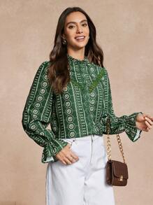 Almamuse Women's Fresh Printed Lace Patchwork Blouse Fall Cloth For Women - Green - View 6