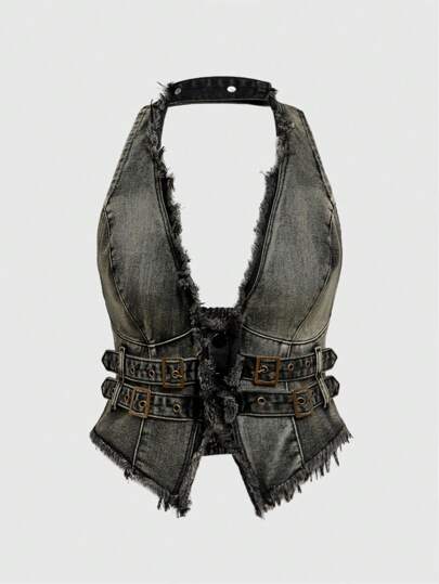 Hippie Y2K Sexy Halter Tie Crop Top, Plus Size Denim Top, For Summer