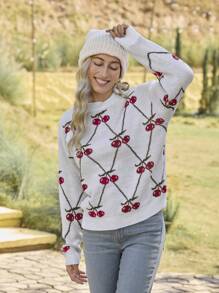 LanaWest Suéter casual de cuello redondo con gráfico de cereza, suéter de punto de Año Nuevo para otoño e invierno - Blanco - Ver 3