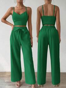 Breezaya 女士可调节肩带吊带背心上衣搭配蝴蝶结和直腿裤度假风 2 件套 - 綠色 - 查看 3