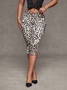 SHEIN SXY Women's Leopard Print Split Hem Skinny Fashion Jeans - Multicolor - View 2