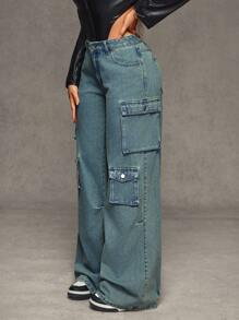 SHEIN SXY Pantalones vaqueros de carga de pierna ancha y lavados informales para mujeres - Azul - Ver 1