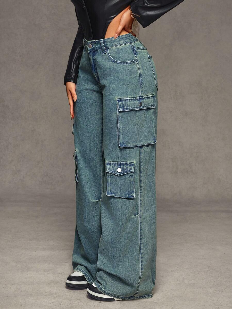 SHEIN SXY Pantalones vaqueros de carga de pierna ancha y lavados informales para mujeres - Azul - Ver 1