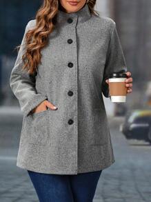 SHEIN LUNE Elegant Solid Color Pocket Overcoat For Plus Size Women, Autumn/Winter - Grey - View 6