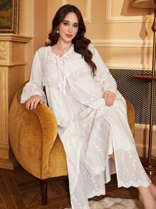 2pcs Set: Plus Size Lace Trim Tie-Up Bow Decor Embroidered Long Sleeve Robe And Spaghetti Strap Nightgown - White - View 1
