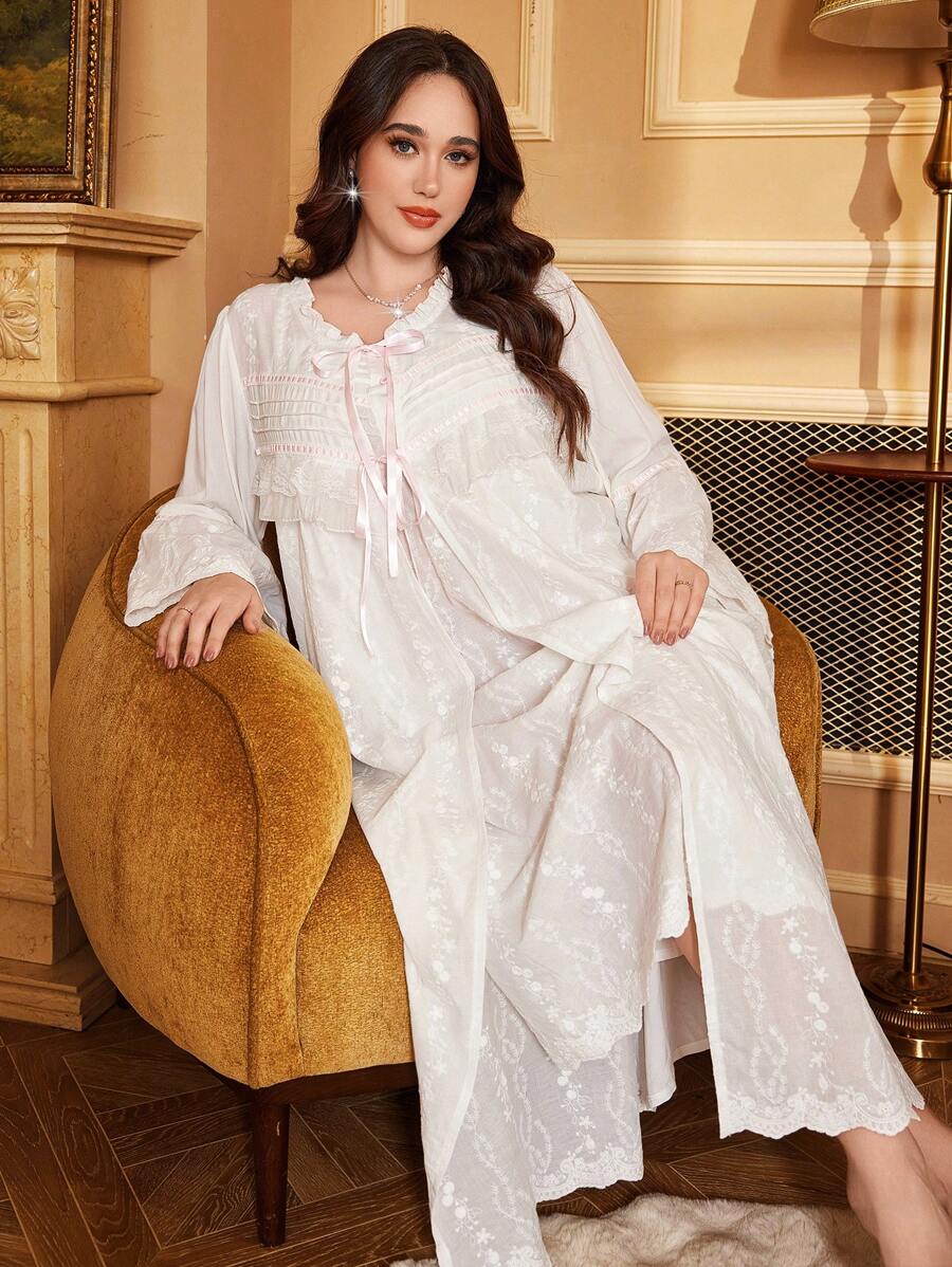 2pcs Set: Plus Size Lace Trim Tie-Up Bow Decor Embroidered Long Sleeve Robe And Spaghetti Strap Nightgown - White - View 1