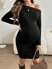 SHEIN Váy mini dài tay màu đen xếp ly vai bất đối xứng mới cho mùa thu dành cho phụ nữ, dáng ôm vừa vặn cho bà bầu - màu đen - Xem 5
