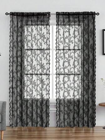 1 pieza Cortina transparente con panel de encaje floral, cortina traslúcida de estética francesa para decoración de ventanas y puertas, cuerda de sujeción no incluida
