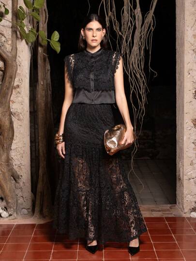 VERO DIAZ Designer Women's Black Satin Lace Button Elegant Quiet Luxury Blouse Top, Going Out, Festival