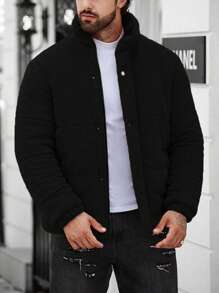 Manfinity Homme Loose Fit Men's Long Sleeve Snap Button Front Teddy Padded Coat, Men Winter Coat, Black Puffer Outerwear, For Fall - Black - View 5