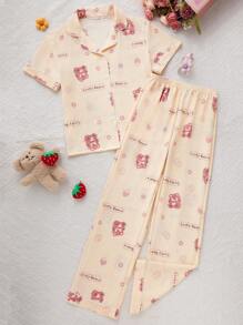Conjunto de pijama con cardigan con cuello vuelto y estampado de osos para mujeres - Albaricoque - Ver 6