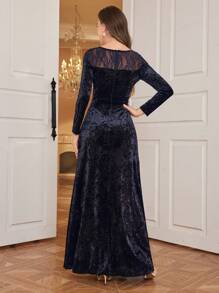 Modelyn Women Lace Patchwork Velvet Solid Color Dress Maxi Women Outfit Long Evening Dresses
