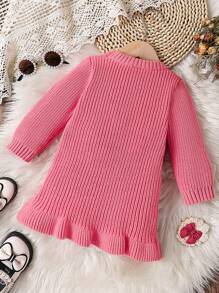 Baby Girls' Ruffle Trim Pink Sweater,Autumn Round Neck Cable Knitted Cardigan,3D Sweet Elegant Family Matching Infant Winter Clothes - Pink - View 2