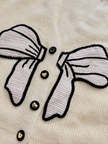 SHEIN Unity 大码女式杏色蝴蝶结针织开衫，优雅秋冬季 - 米色 - 查看 5