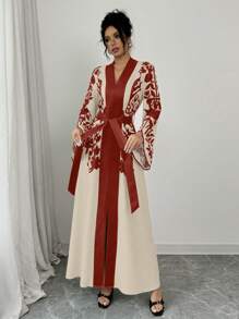 Chiquease 女式秋季优雅花卉印花喇叭袖开叉长裙新年服装长款女装 - 紅色 - 查看 3