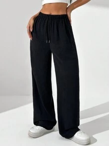 SHEIN Unity 纯色抽绳松紧腰阔腿裤 - 黑色 - 查看 5