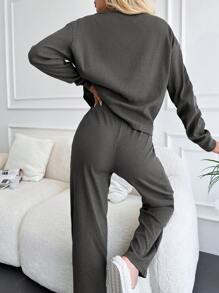 EURMUSE Women's Drop Shoulder Top And Pants Two Piece Set - Grey - View 2