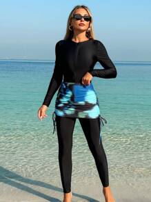 Swim Mulvari 2 件套 2024 泳衣，肩部褶皱适度长袖和裤子泳装，保守海滩罩衫布基尼夏季阿拉伯服装 - 黑色 - 查看 1