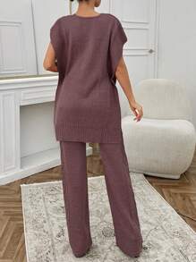 SHEIN Cottnline 女士纯色纹理针织背心和毛衣裤套装 - 藕粉色 - 查看 7