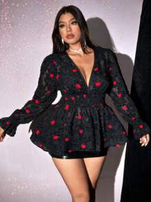 Viva Relle Blusa sencilla de manga larga con escote en V y estampado de corazón en tela jacquard, para tallas grandes, top con volantes para uso casual diario, San Valentín - Negro - Ver 5