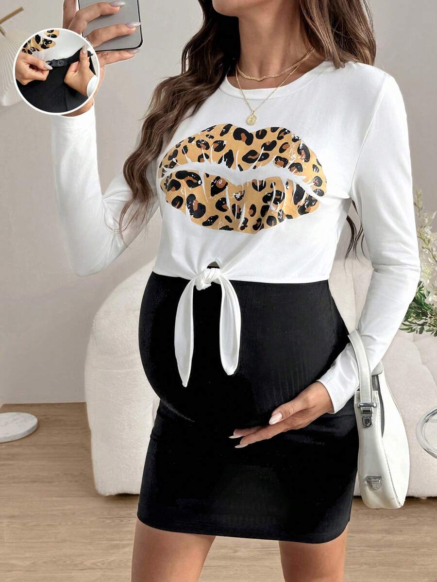SHEIN Maternity Leopard Print Knot Hem Tee And Adjustable Waist Bodycon Skirt 2 Pieces Set, For Autumn - Black and White - View 1