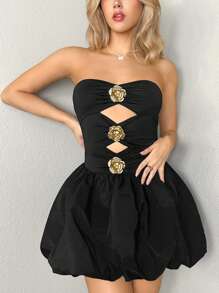 Sweetina 金属花朵拼色镂空无袖新年除夕晚礼服派对女士连衣裙节日装 - 黑色 - 查看 1