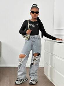 SHEIN Leap Crew Tween 女童字母印花针织圆领长袖休闲紧身 T 恤 - 黑色 - 查看 3