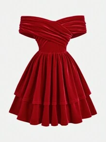 SHEIN 青少年女孩红色天鹅绒露肩褶饰吊带时尚休闲派对优雅连衣裙，适合圣诞节、新年派对、生日庆祝、公主裙 - 紅色 - 查看 1