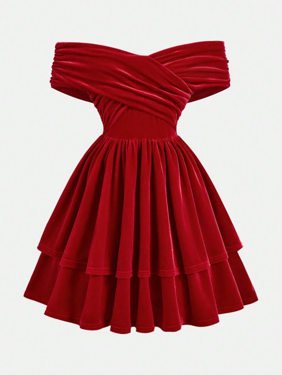 SHEIN 青少年女孩红色天鹅绒露肩褶饰吊带时尚休闲派对优雅连衣裙，适合圣诞节、新年派对、生日庆祝、公主裙 - 紅色 - 查看 1