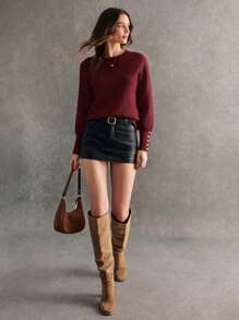 Áo len dài tay cổ tròn tay raglan màu trơn thường ngày cho nữ, mùa thu/đông - Màu Đỏ Sâu - Xem 4